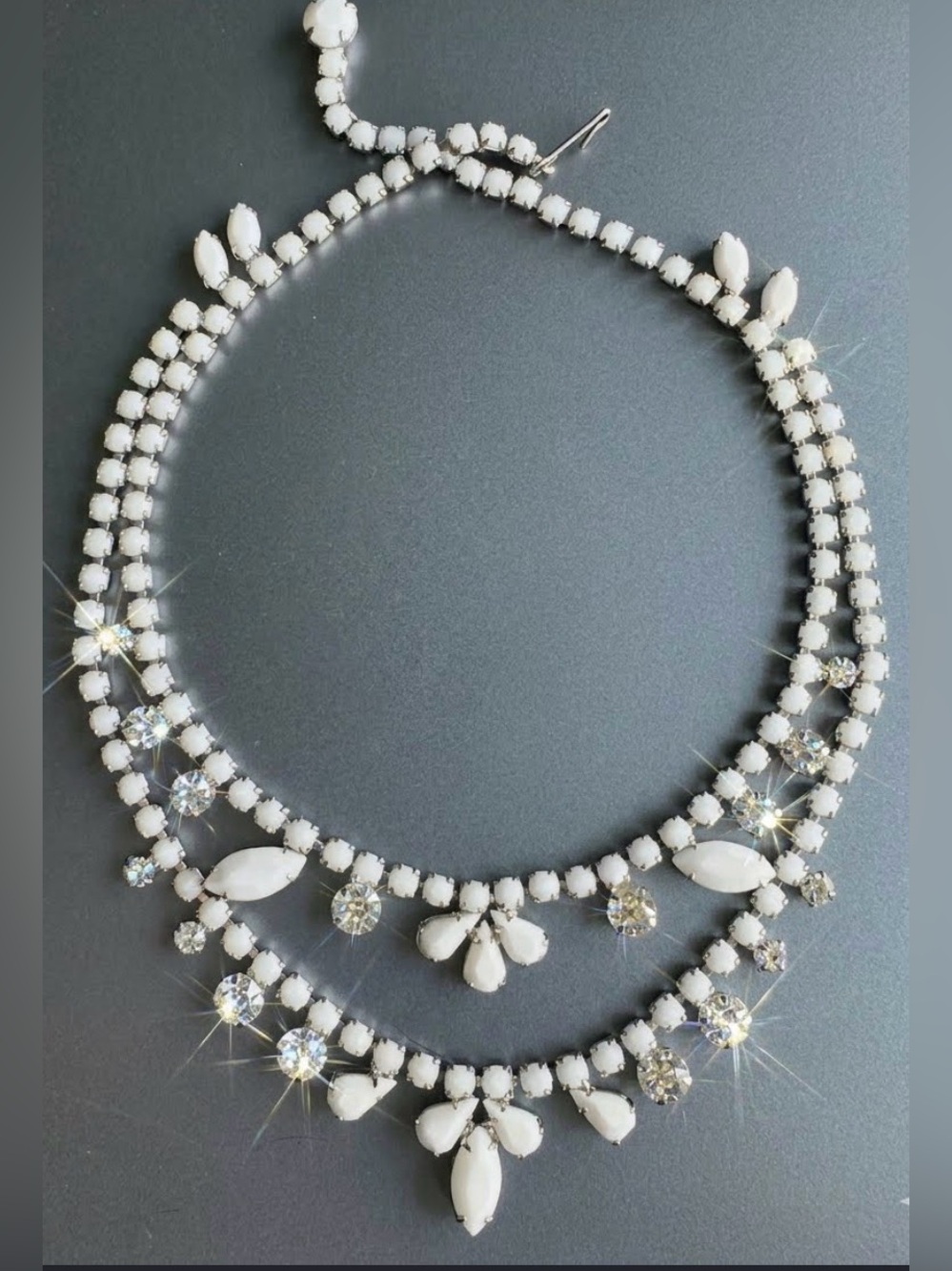 Vintage 1950s Signed WEISS Milk Glass
Rhinestone Bib Choker Necklace